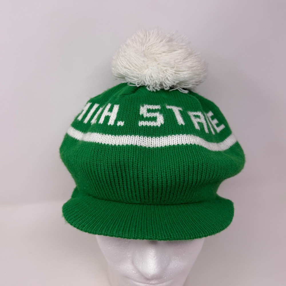 Vintage 1984 Michigan State Spartans Pom Beanie Brim Hat Green White USA Made